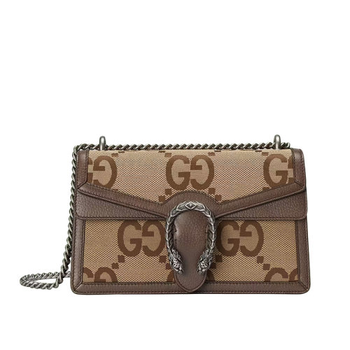 GUCCI/古馳 22春夏新款Dionysus系列 女士小號駝色烏木色超級老花帆布棕色滾邊銀色蛇頭扣鏈條單肩酒神包400249UKMBN2572