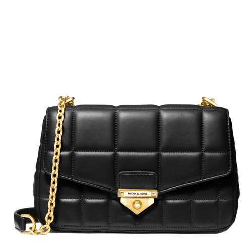 【高圓圓同款】Michael Kors/邁克·科爾斯 SOHO系列大號(hào)女士黑色絎縫羔羊皮經(jīng)典金屬字母徽標(biāo)裝飾推鎖式開(kāi)合單肩包斜挎包女包 30F0G1SL3L-BLACK