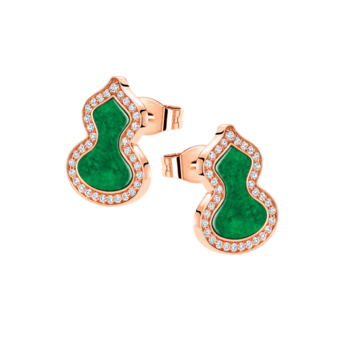 QEELIN/麒麟珠寶  經(jīng)典款18K玫瑰鑲嵌鉆石小號綠色葫蘆霧露耳釘 WU-ERSD0002D-RGDGJE
