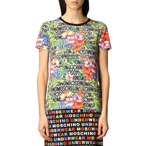MOSCHINO 莫斯奇諾 女士 服裝  圓領(lǐng)字母LOGO印花花朵圖案短款圓領(lǐng)短袖T恤 女士短袖T恤
