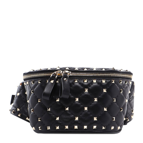 Valentino/華倫天奴 女士黑色羔羊皮經(jīng)典鉚釘裝飾拉鏈開合單肩包斜挎包胸包腰包女包 SW2B0B46-NAP-0NO