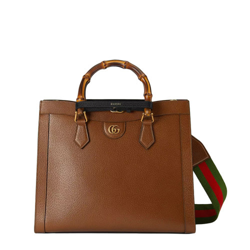 GUCCI/古馳 22春夏新款Diana系列 女士中號棕色皮革黑色飾帶金扣雙竹節(jié)提手紅綠肩帶單肩手提托特包?678842U3ZDT2185