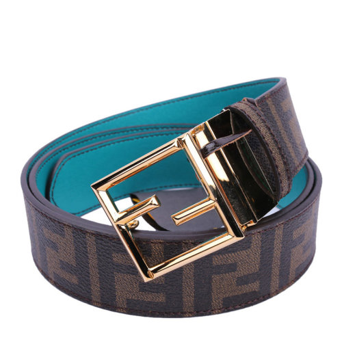 FENDI/芬迪 男女同款 中性棕色/藍色雙色牛皮印花Logo皮帶休閑雙F標(biāo)識板扣腰帶 8C0476-GRP-F0P3N