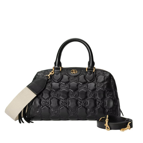 GUCCI/古馳 22新款 男女同款黑色GG壓紋絎縫皮革金色雙G標(biāo)志拉鏈開合單肩手提包702242UM8HG1046