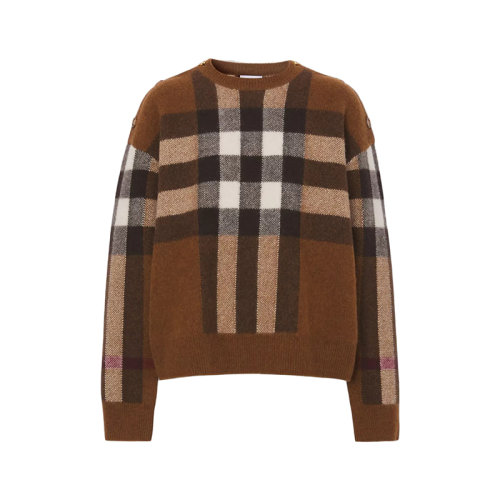 BURBERRY/博柏利 22年早春新款 女士深樺木棕色格紋羊毛混紡針織衫毛衣80484441