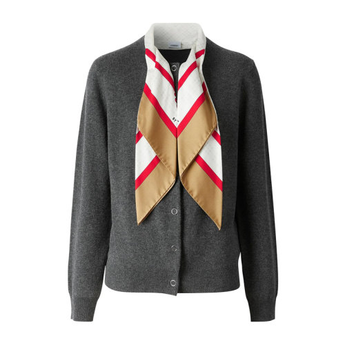 Burberry/博柏利 女裝 服飾 灰色絲巾配飾羊絨時(shí)尚休閑開衫 女士針織衫毛衣