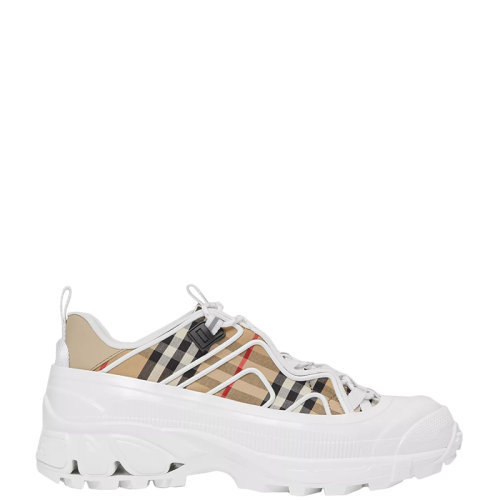 BURBERRY/博柏利 22年早春新款 男士典藏米色/白色棉質(zhì)拼小牛皮Vintage復(fù)古格紋秀款運動鞋80372541