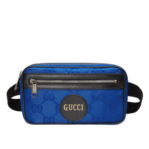 GUCCI/古馳 經(jīng)典款Off The Grid系列 男士藍(lán)色再生尼龍拼皮暗紋老花腰包631341H9HBN4267