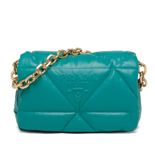 PRADA/普拉達(dá)       鴨藍(lán)色絎縫金屬鏈條皮革雙肩帶斜挎單肩包1BD306_2DYI_F0363_V_VAM