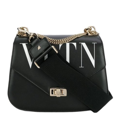 Valentino/華倫天奴 女士 黑色 LOGO印花皮革單肩包斜挎包 QW2B0C60DQM NER HJH0015X