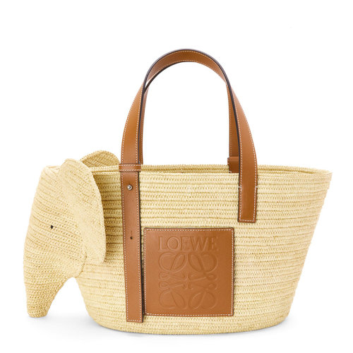 LOEWE/羅意威  Elephant系列 女士自然色/棕褐色酒椰纖維/小牛皮徽標(biāo)壓紋大象輪廓手提袋0010574796