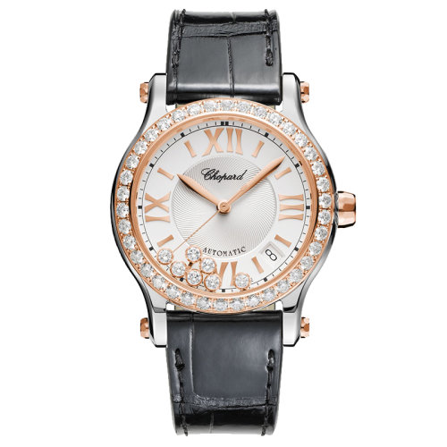  Chopard/蕭邦  Happy Sport系列 自動(dòng)機(jī)械表精鋼玫瑰金鑲鉆外殼帶鉆表盤鱷魚皮表帶女表36毫米278559-6003