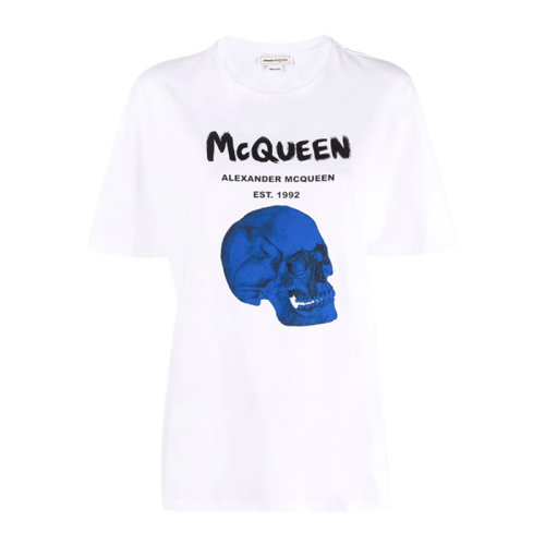 Alexander McQueen 亞歷山大·麥昆 女士 服裝  圓領(lǐng)字母LOGO印花藍(lán)色骷髏頭棉質(zhì)T恤 女士短袖T恤