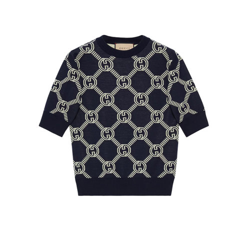 GUCCI/古馳 22年秋冬新款 愛的進行曲系列 女士藍色/象牙白色羊毛混紡老花提花針織上衣毛衣692702XKCB24492