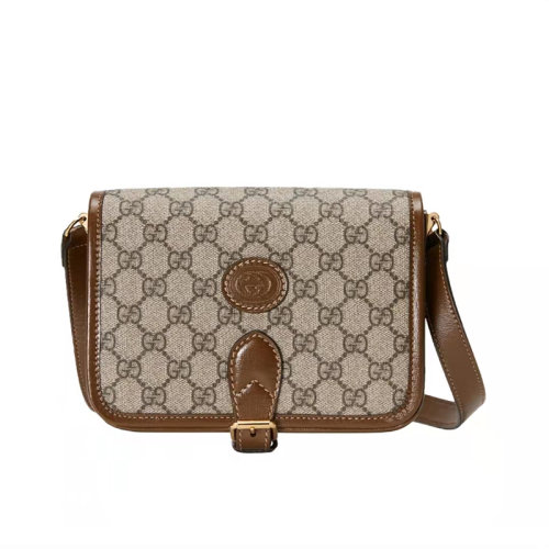 GUCCI|古馳 GG Retro老花logo皮革徽標(biāo) 帆布拼皮 郵差包風(fēng)琴包 單肩斜挎包