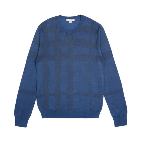 BURBERRY/博柏利 男士藍(lán)色羊絨混飯棉質(zhì)條紋裝飾圓領(lǐng)毛衣 3914702