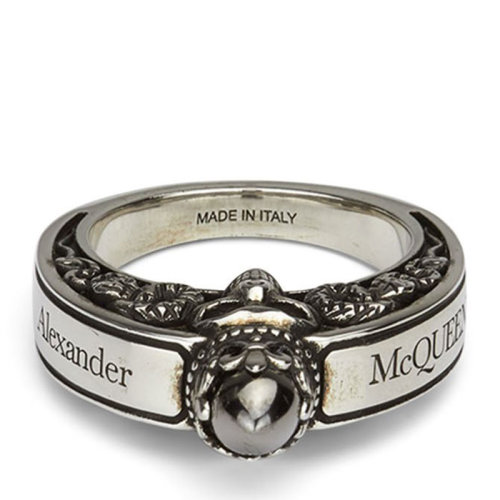Alexander McQueen/亞歷山大麥昆  時尚 銀色 立體雕刻圖案 品牌LOGO刻字 男士黃銅銀色戒指/指環(huán) 554551J160Z5034  HKY210303