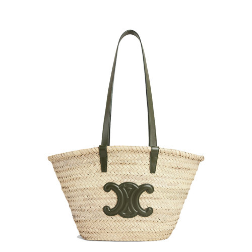 CELINE/賽琳 22新款CLASSIC TRIOMPHE系列 女士中號原色棕櫚葉配卡其色小牛皮細(xì)節(jié)單肩斜跨手工編織籃子包192622CGG.15KH