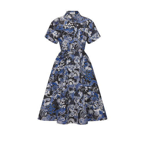 DIOR/迪奧 22年春夏新款 女士藍色純棉府綢Zodiac Fantastico圖案搭配腰帶中長款連衣裙241R45A3640_X5843