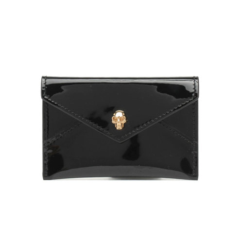 Alexander McQueen/亞歷山大麥昆  黑色皮質(zhì)骷髏亮面卡包手拿包