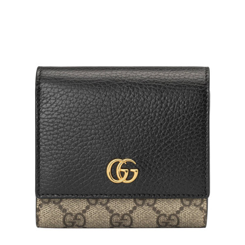 GUCCI/古馳 21新款GG Marmont系列 女士中號老花帆布黑色皮革金色雙G裝飾短款錢包59858717WAG1283