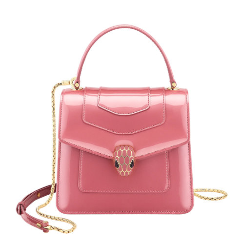 BVLGARI/寶格麗 SERPENTI FOREVER系列 女士小號(hào)粉色漆皮小牛皮翻蓋粉色蛇頭扣鏈條單肩斜挎手拿包290943