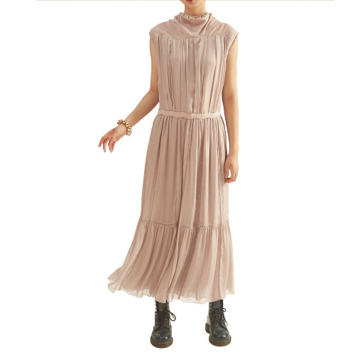 19年秋冬款nisiss/怡夕珠飾高領(lǐng)百褶收腰荷葉邊長裙女士連衣裙