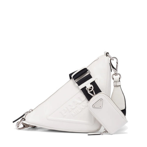 PRADA/普拉達  女士白色皮革拉鏈開合附可拆卸可調徽標印花織物肩帶皮革拉鏈小袋三角形手袋斜跨單肩包1BH190_2BYA_F0009_V_BRO