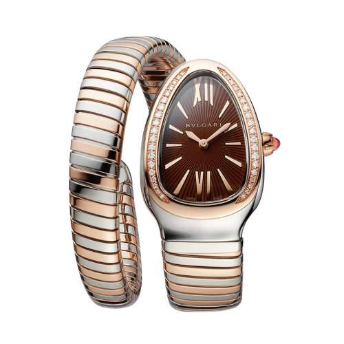 BVLGARI/寶格麗  Serpenti系列鑲鉆款18K金玫瑰金和精鋼表殼螺旋表鏈棕色表盤 35毫米