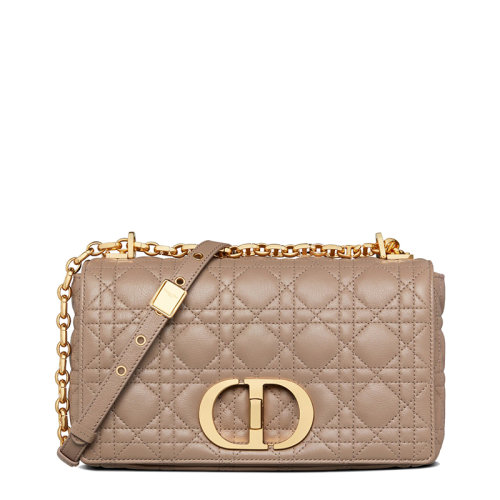 DIOR/迪奧 20  CARO系列 女士中號灰褐色柔軟小牛皮藤格紋CD扭紋扣翻蓋封口單肩斜挎包M9242UWHC_M45M