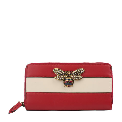 GUCCI/古馳 女士牛皮革紅白拼色皮質(zhì)長款拉鏈開合蜜蜂錢包手拿包紅白拼色