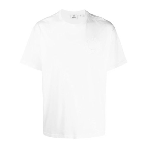 Burberry/博柏利 男士白色棉質(zhì)經(jīng)典字母徽標(biāo)圖案裝飾寬松版型圓領(lǐng)短袖上衣T恤 8042233