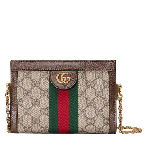 GUCCI/古馳  21新款 Ophidia系列 女士迷你米色/烏木色老花帆布磁扣鏈條肩帶單肩斜挎手機(jī)包602676K05NB8745