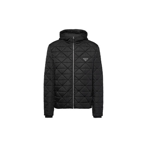 PRADA/普拉達(dá) 22年新款 男士黑色尼龍飾有金屬三角標(biāo)志拉鏈開合長袖連帽羽絨服外套SGB805_1WQ8_F0002_S_202