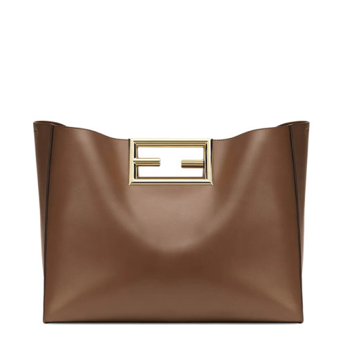 FENDI/芬迪  FENDI WAY系列 女士大號(hào)棕色小牛皮金色金屬FF手柄單肩手提包8BH392AAIWF13QG