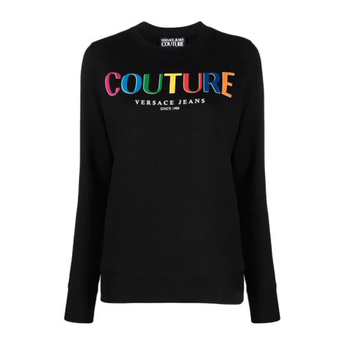 VERSACE JEANS/范思哲牛仔 女士黑色棉質(zhì)經(jīng)典彩色字母徽標(biāo)印花裝飾圓領(lǐng)長袖上衣衛(wèi)衣運動衫套頭衫 71HAIP04-CF00P-899