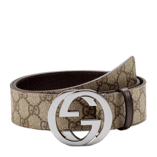 GUCCI/古馳 男士咖啡色PVC經(jīng)典格紋印花銀色雙G LOGO頭板扣式腰帶淺皮帶 114984-KGD1R-9643