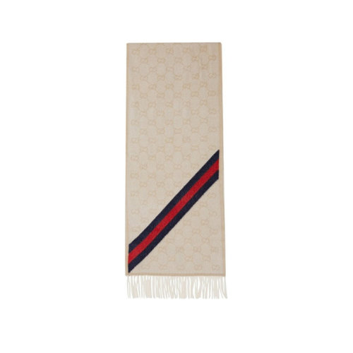 GUCCI|古馳 中性男女款雙G印花條紋拼接長款流蘇圍巾