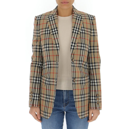 BURBERRY 博柏利 女士 服裝  米色翻領(lǐng)格紋系扣夾克外套 女士夾克