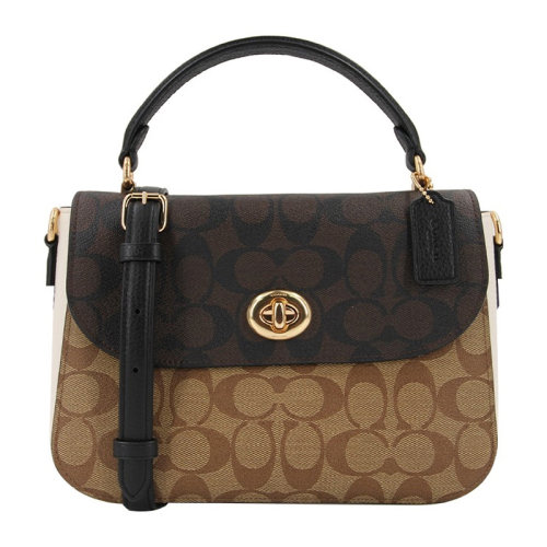 COACH/蔻馳 Marlie系列女士卡其配棕色涂層帆布/配皮經(jīng)典雙C字母徽標(biāo)印花圖案旋扣開合手提包單肩包斜挎包女包 C1563IMNOX