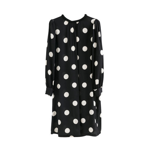 GeleiStory/GeleiStory 夏季新款摩登時(shí)尚圓領(lǐng)短袖拼色波點(diǎn)夏裙寬松中長款連衣裙 女裝＞女士裙裝＞女士連衣裙