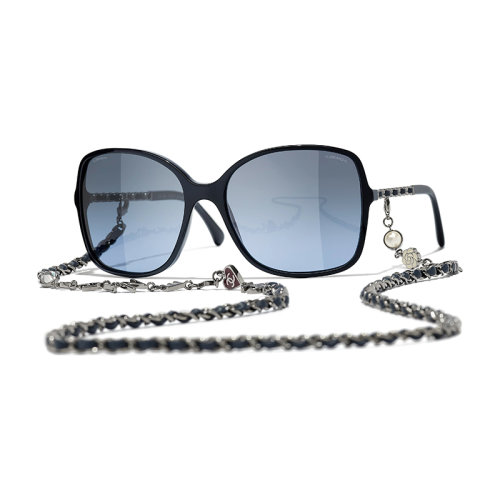 Chanel/香奈兒 22年春夏新款 女士漸變藍(lán)色鏡片藍(lán)色/深銀色醋酯纖維鏡框飾金屬和小牛皮鏈條方框太陽眼鏡墨鏡A40911X06074S6212