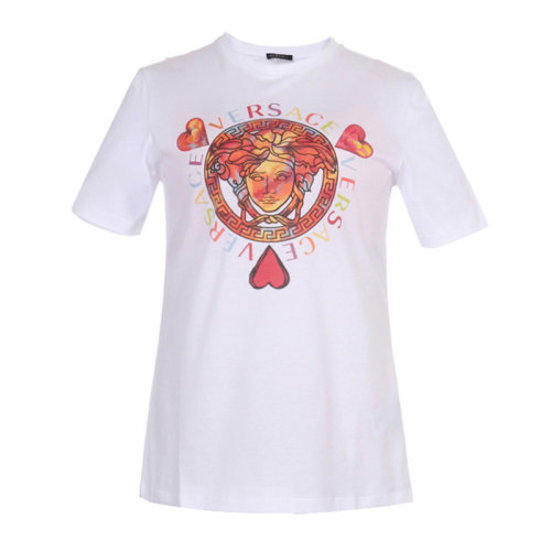 VERSACE/范思哲 女士純色棉質(zhì)經(jīng)典彩色字母徽標美杜莎頭像印花裝飾圓領上衣短袖T恤 A83858-A201952 多色可選