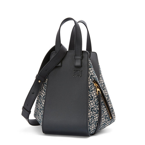 LOEWE/羅意威 22春夏新款Hammock系列 女士小號海軍藍(lán)/黑色織物配牛皮革金扣單肩斜挎手提吊床包0010701415