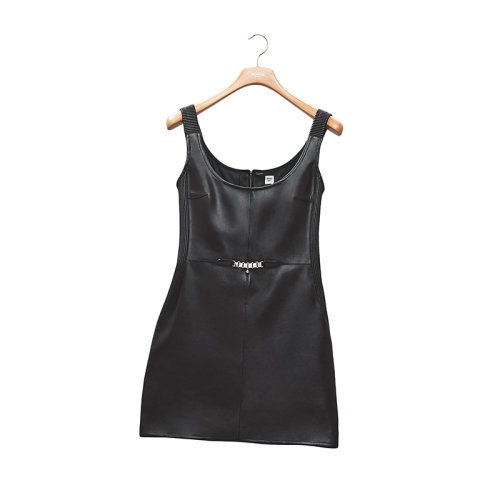 HERMES/愛馬仕 22年秋冬新款 女士黑色閃亮小羊皮抽褶細(xì)節(jié)迷你連衣裙H2H1503D40234