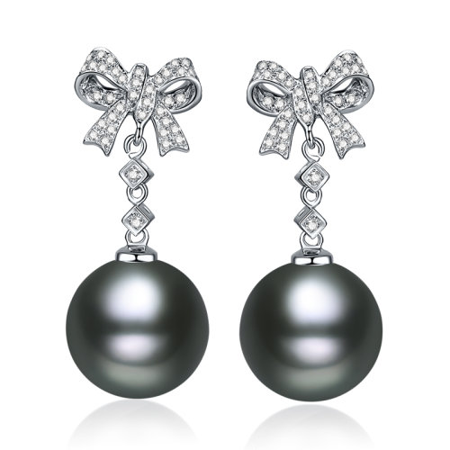 SANDYRILLA/仙蒂瑞拉 滿鉆蝴蝶結(jié)11-12mm大溪地黑珍珠鉆石18K金耳墜 黑色系 黑色系