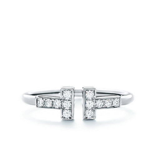 Tiffany & Co./蒂芙尼 經(jīng)典Tiffany T系列 18K金白金鑲嵌鉆石T形Wire戒指婚戒GRP07760