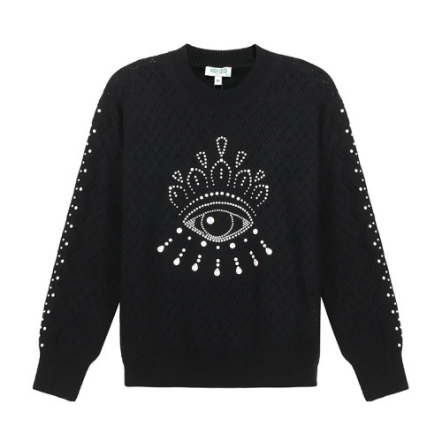 KENZO/高田賢三 女士針織衫/毛衣棉質仿珍珠裝飾眼睛圖案圓領長袖針織衫 2PU501 3XD