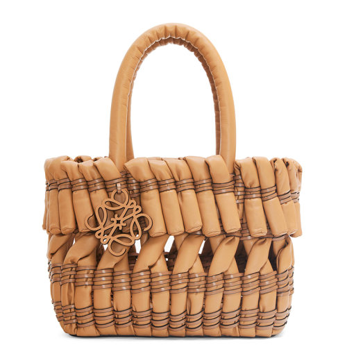 LOEWE/羅意威 23春夏新款 女士小號暖沙色納帕小羊皮管狀編織小牛皮吊飾手提籃子A657Y57X01-2586