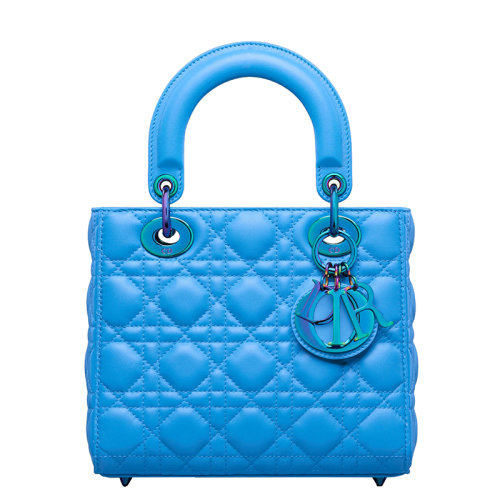 Dior/迪奧 22春夏新款LADY DIOR系列 女士小號(hào)亮藍(lán)色羊皮革藤格紋緝面線鐳射吊飾雙手柄單肩手拿包 M05314NEE_M05Z